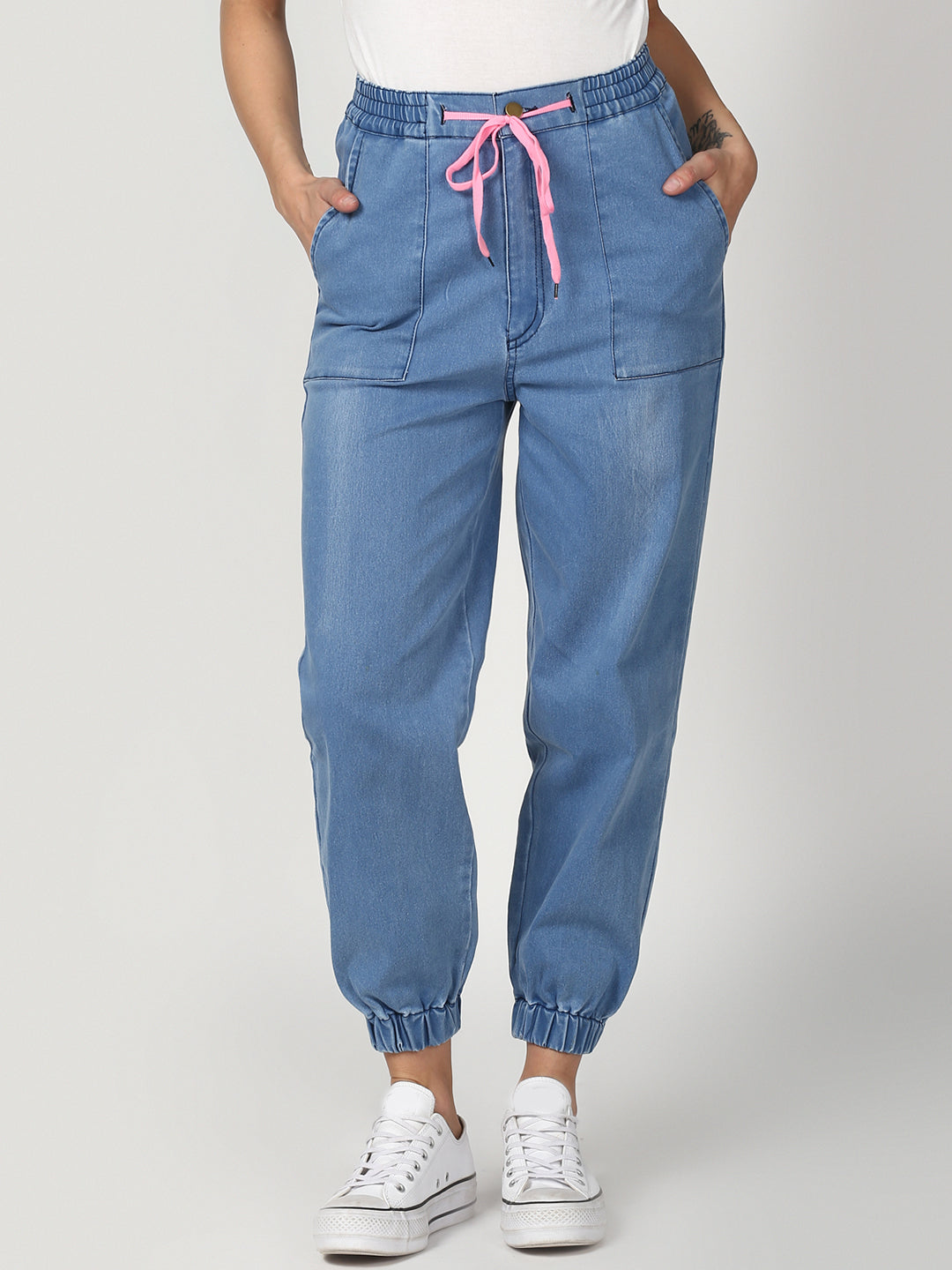 Women's Blue Denim Joggers with Pink Drawstring – Stylestone