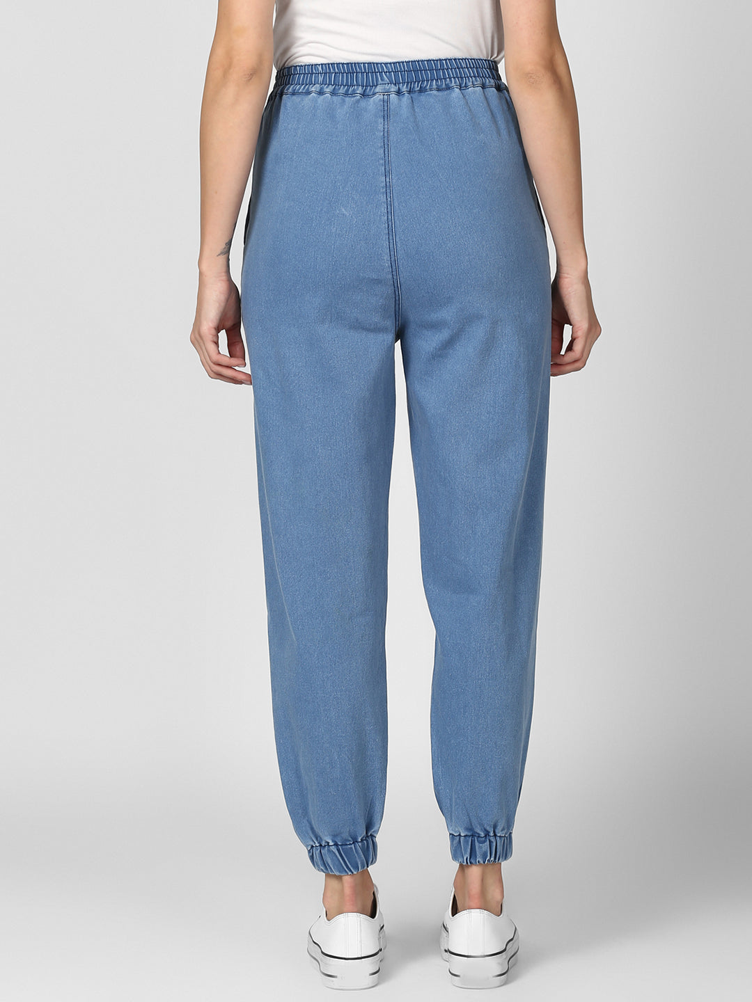 Women's Blue Denim Joggers with Pink Drawstring