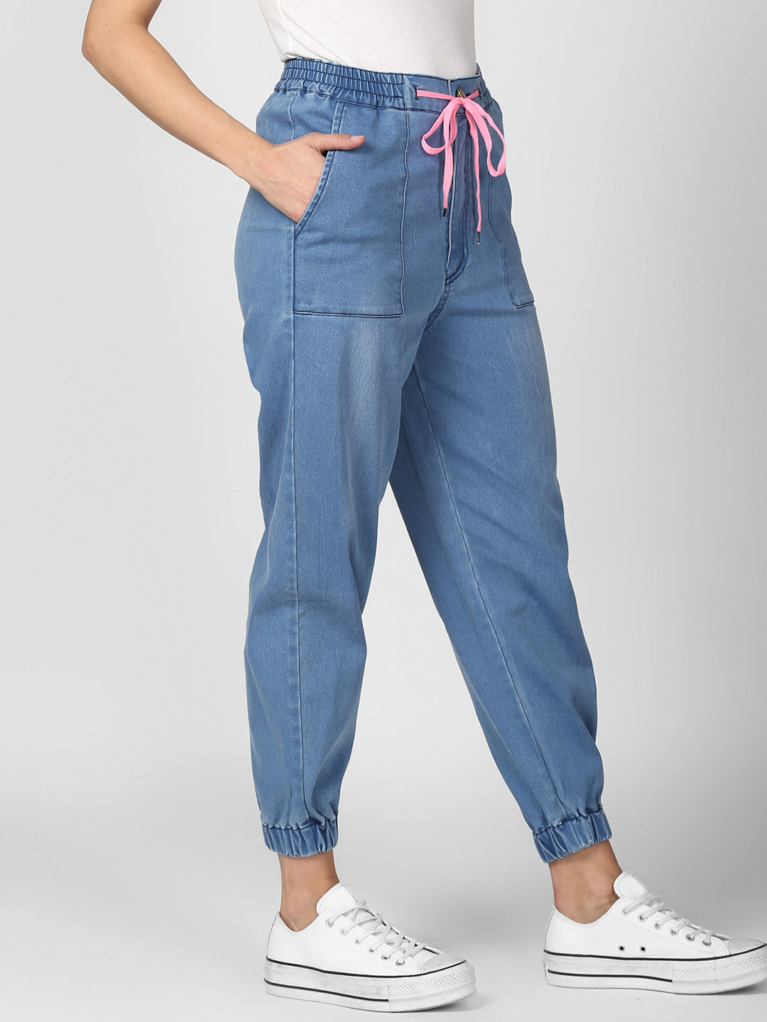 Women's Blue Denim Joggers with Pink Drawstring