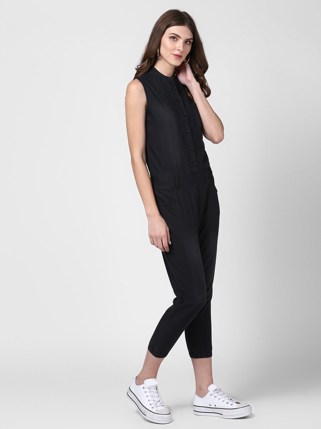 Women's Black Denim Jumpsuit with Manderin Collar