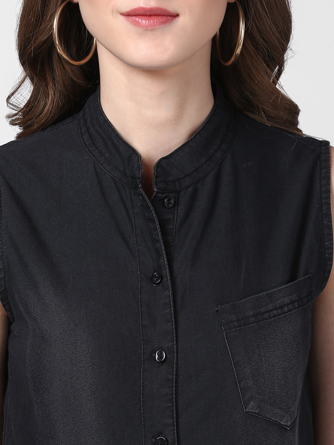 Women's Black Denim Jumpsuit with Manderin Collar