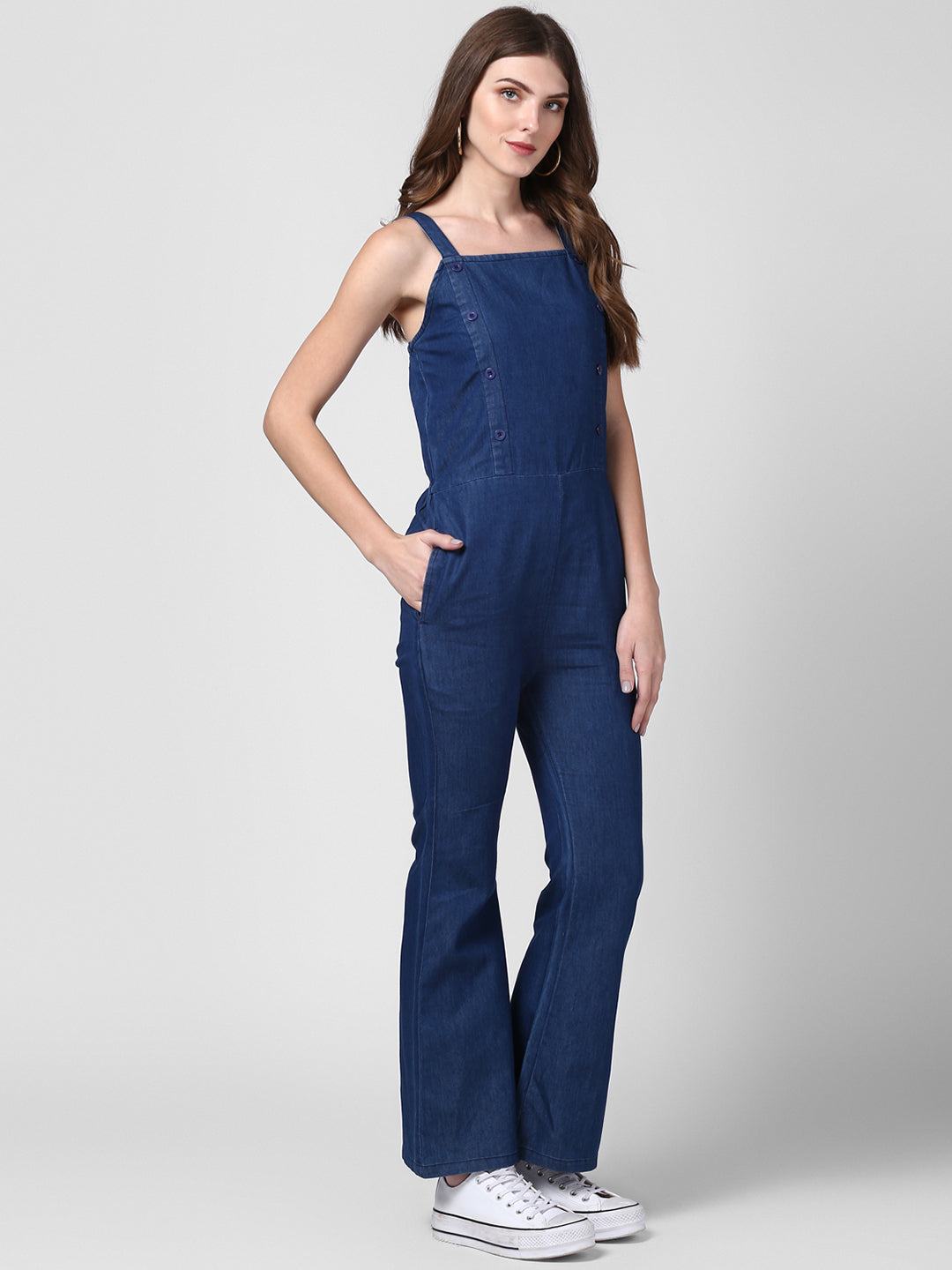 Women's Blue Denim Strap style Jumpsuit with bootcut pants