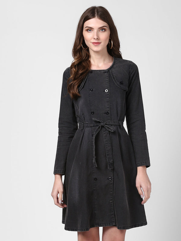 Women's Black Denim Dress with Shoulder Placket detail