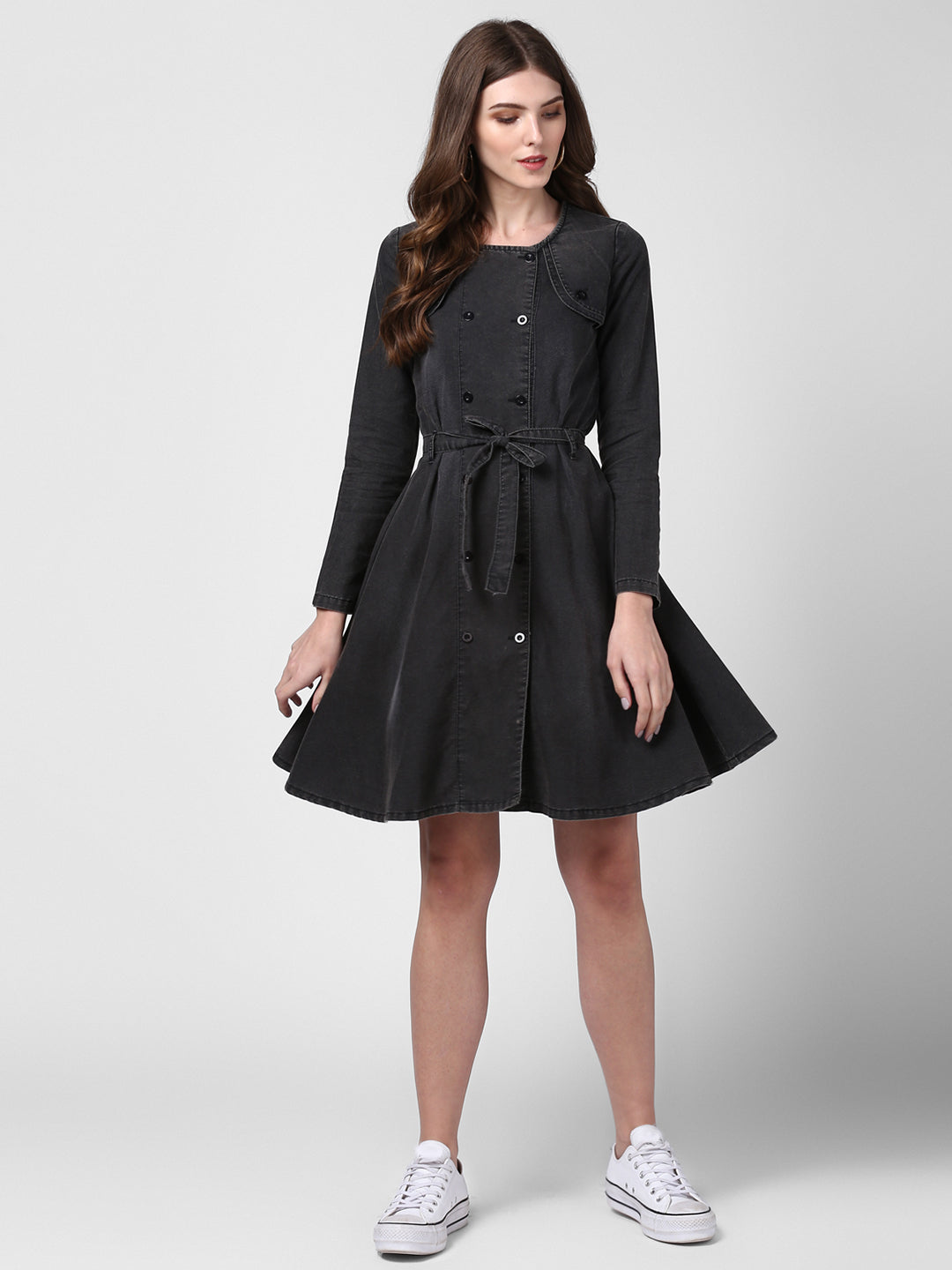 Women's Black Denim Dress with Shoulder Placket detail