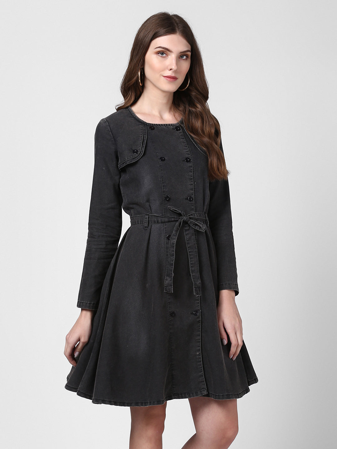 Women's Black Denim Dress with Shoulder Placket detail