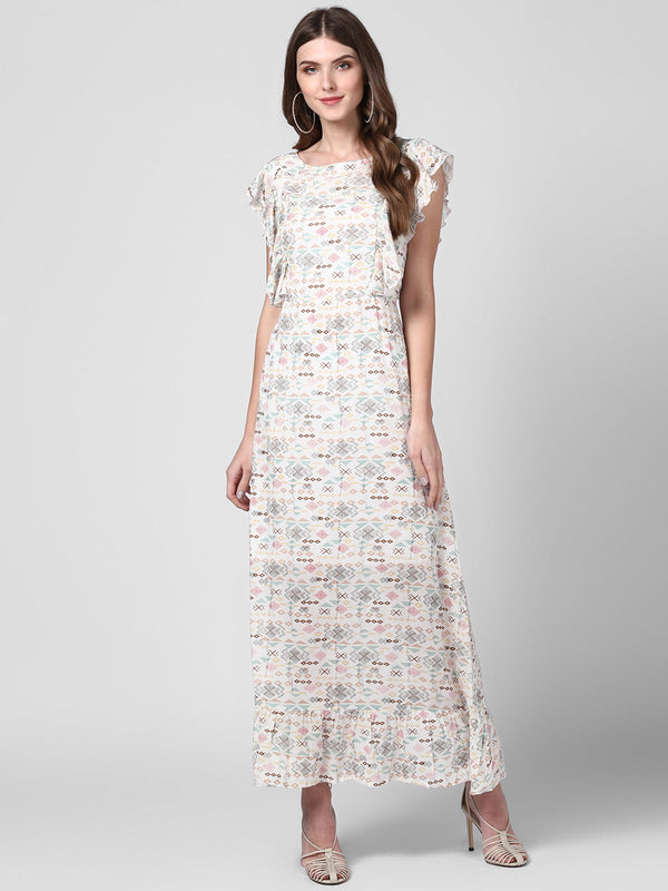 Women's Off White Printed Rayon Crepe Maxi Dress