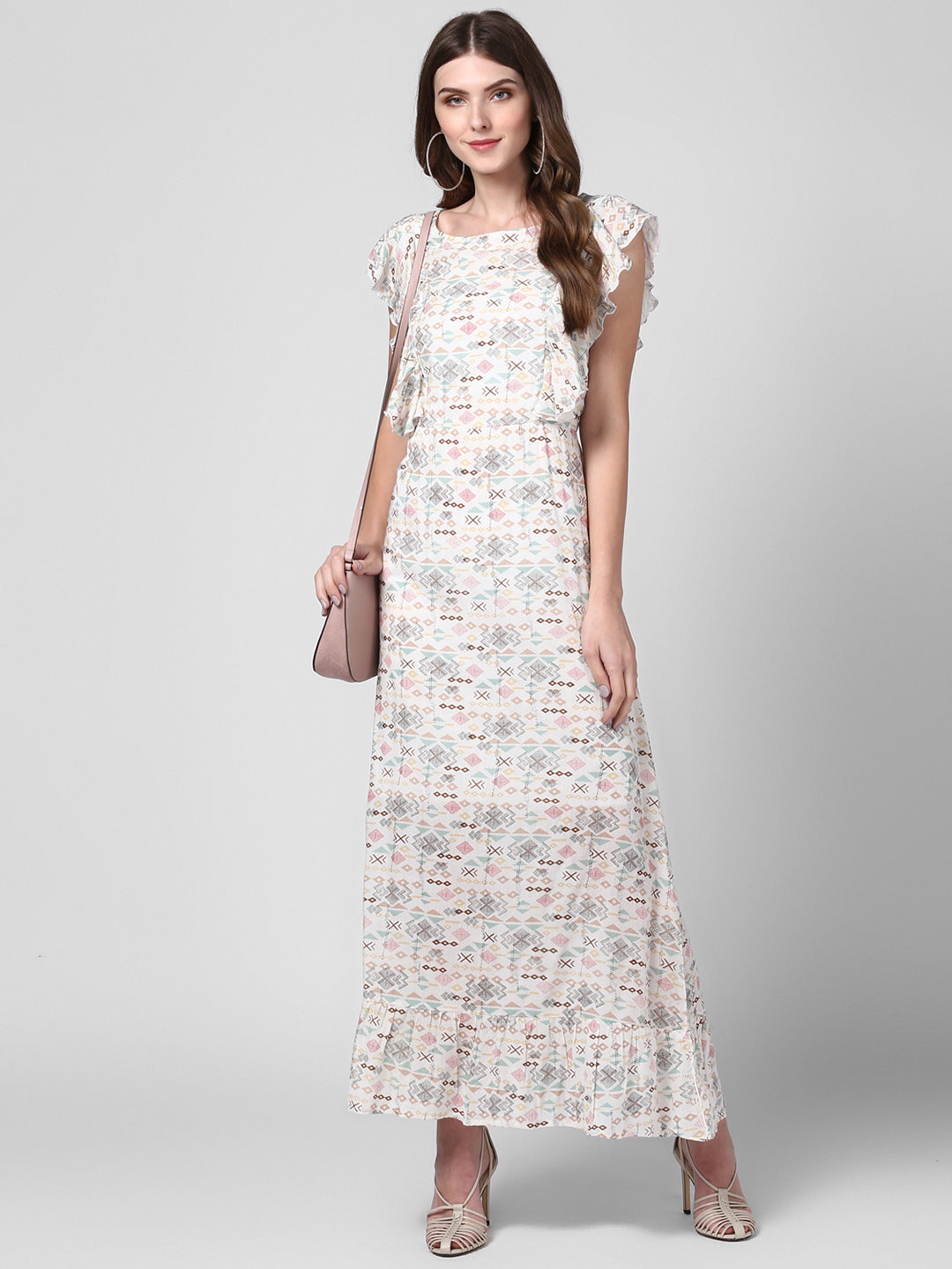 Women's Off White Printed Rayon Crepe Maxi Dress