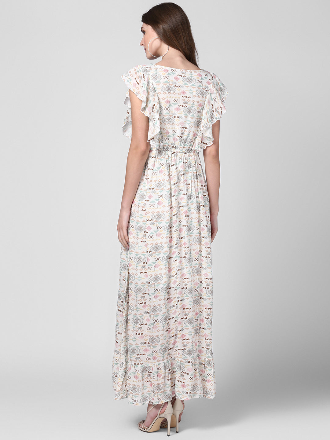 Women's Off White Printed Rayon Crepe Maxi Dress