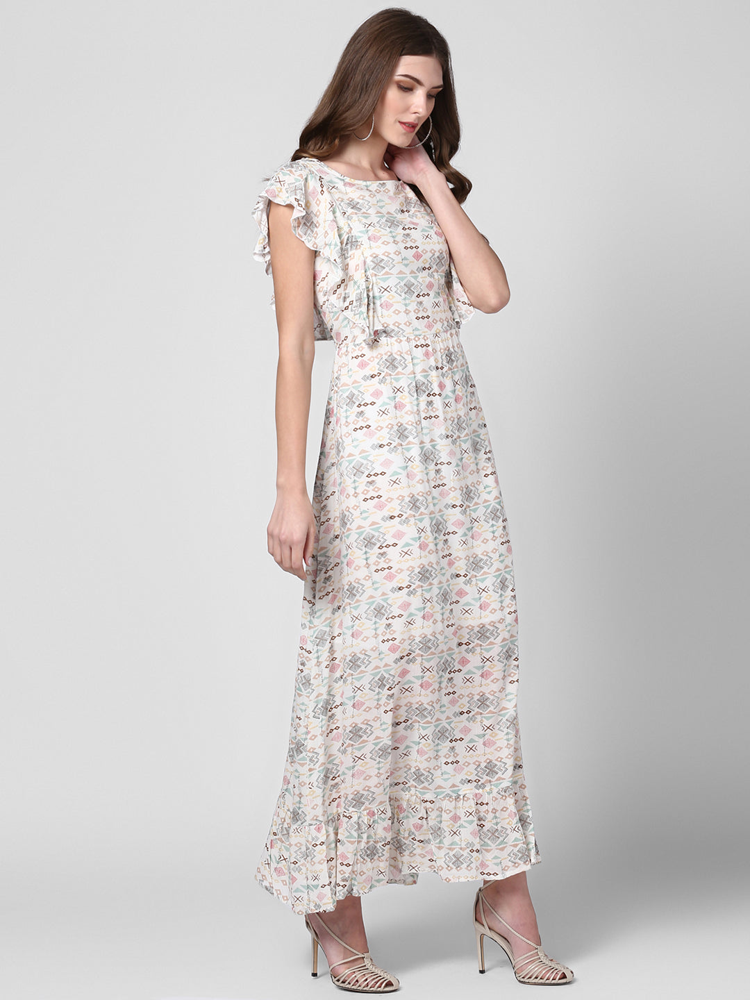 Women's Off White Printed Rayon Crepe Maxi Dress