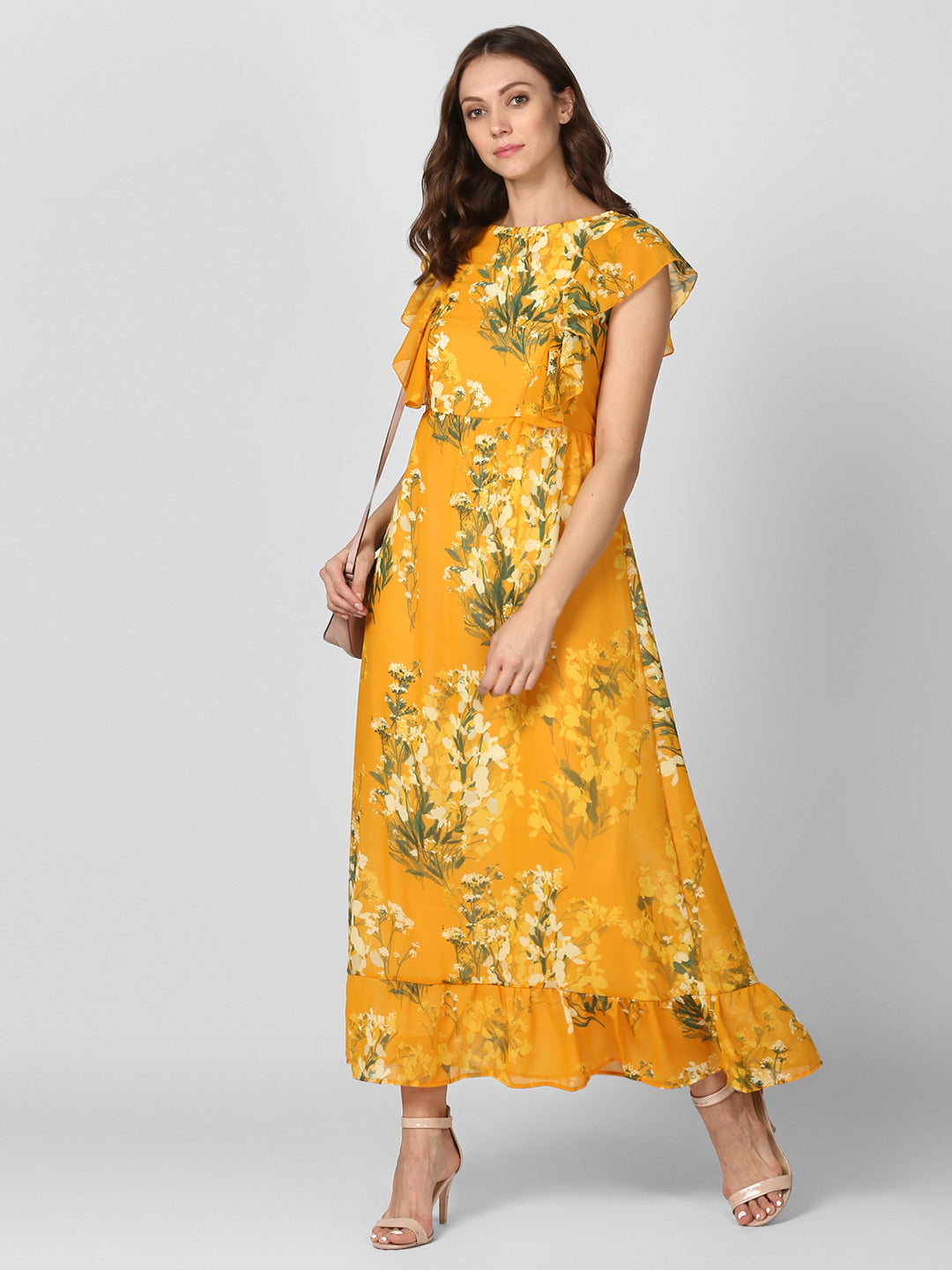 Women's Yellow Printed Maxi Dress with Lining