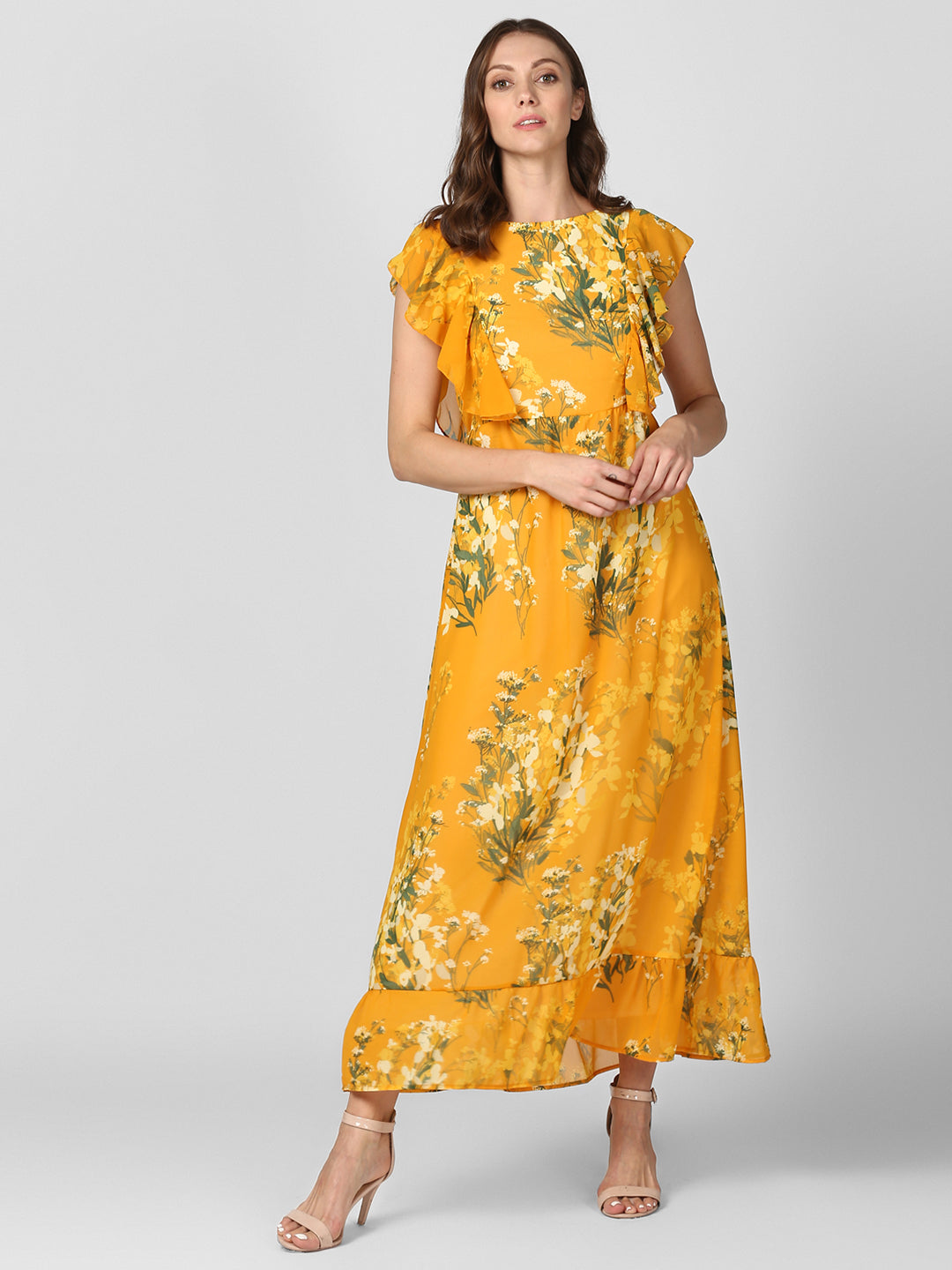 Women's Yellow Printed Maxi Dress with Lining