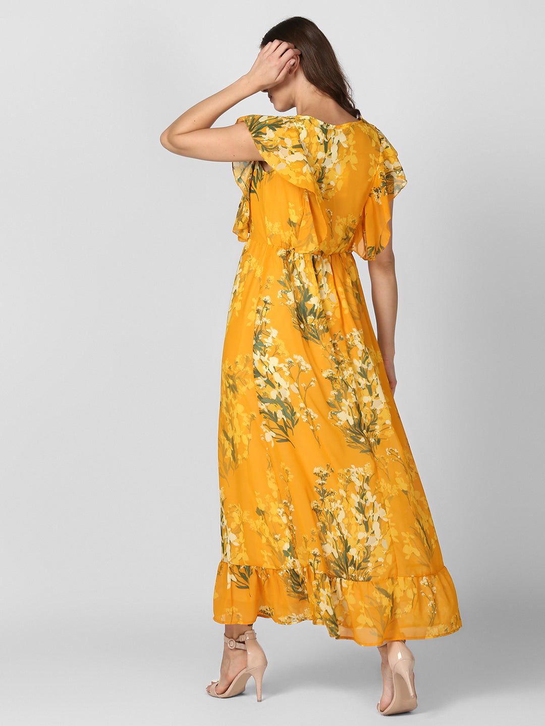 Women's Yellow Printed Maxi Dress with Lining