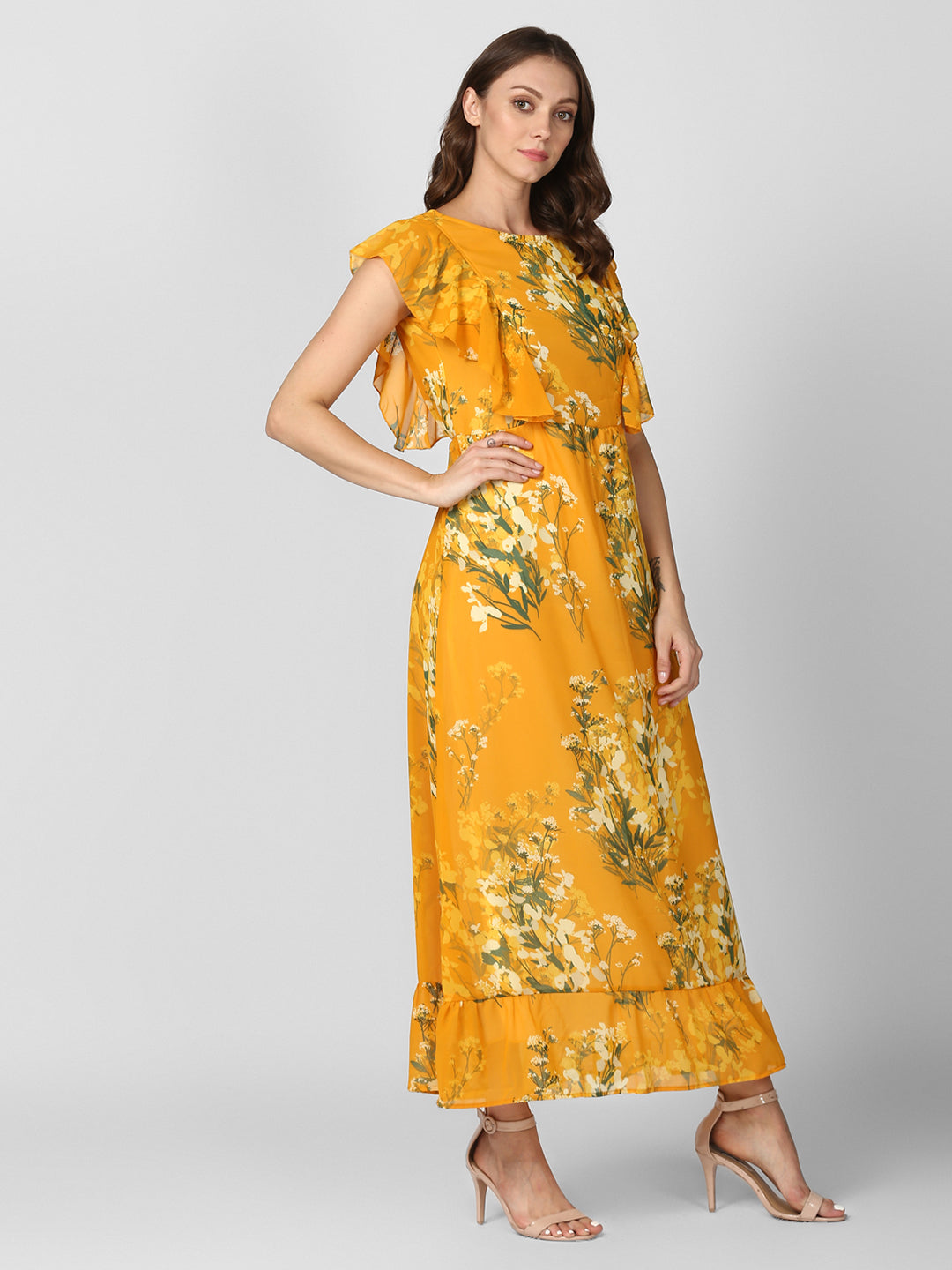 Women's Yellow Printed Maxi Dress with Lining