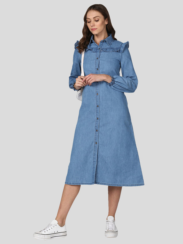 Women's Blue Denim Dress with Ruffle Detail