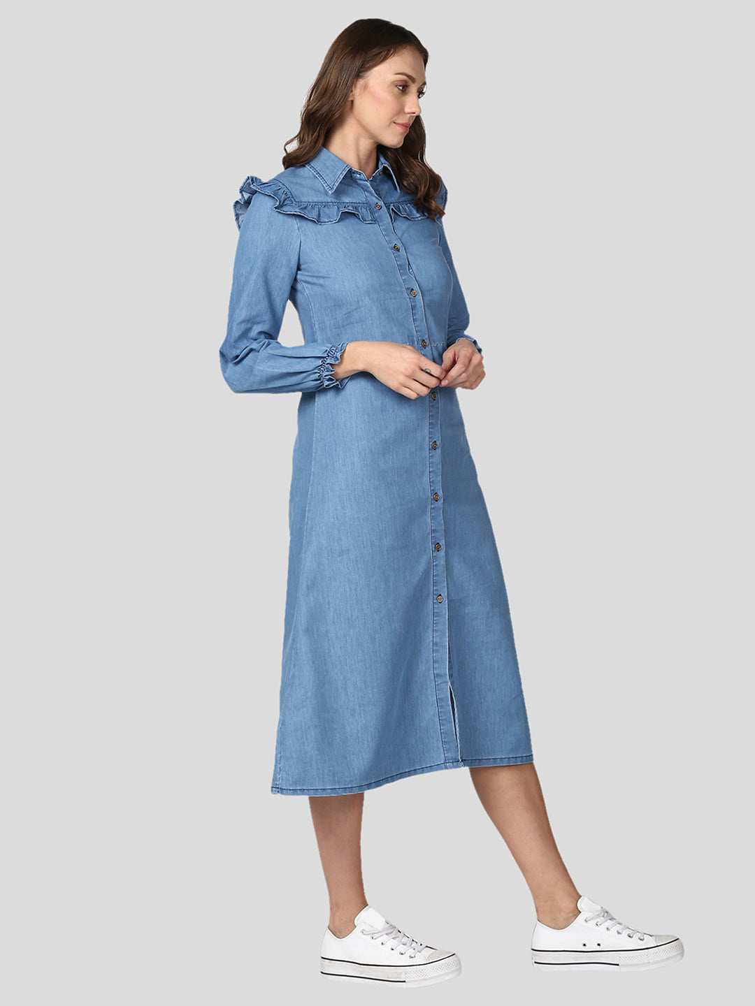 Women's Blue Denim Dress with Ruffle Detail