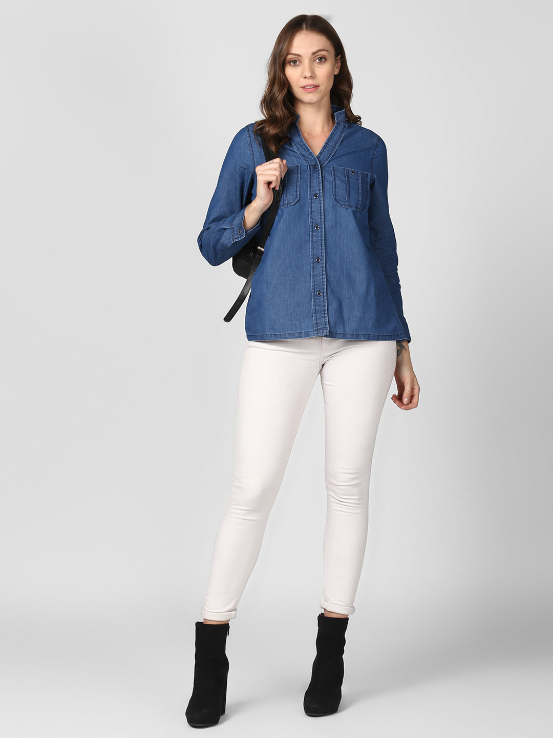 Women's Blue Denim Top cum shirt with striped pocket detail