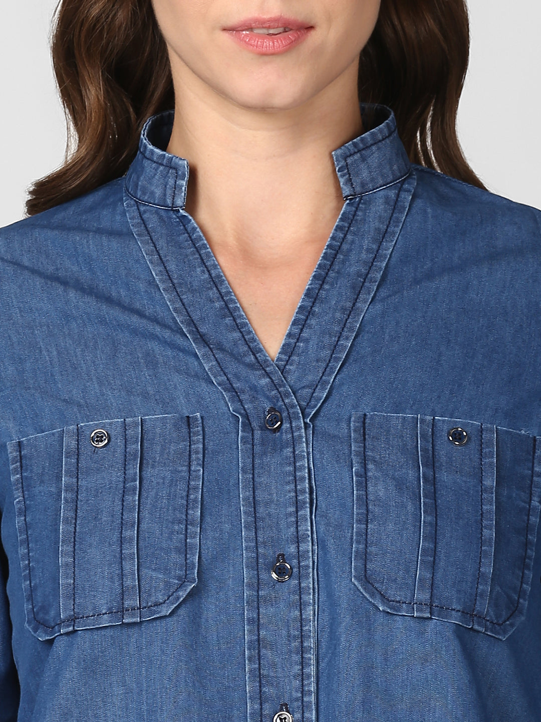 Women's Blue Denim Top cum shirt with striped pocket detail