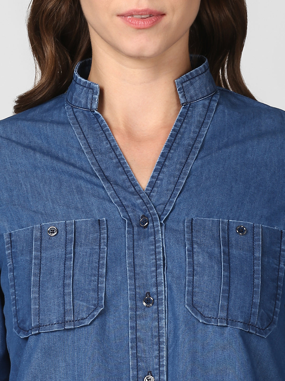 Women's Blue Denim Top cum shirt with striped pocket detail