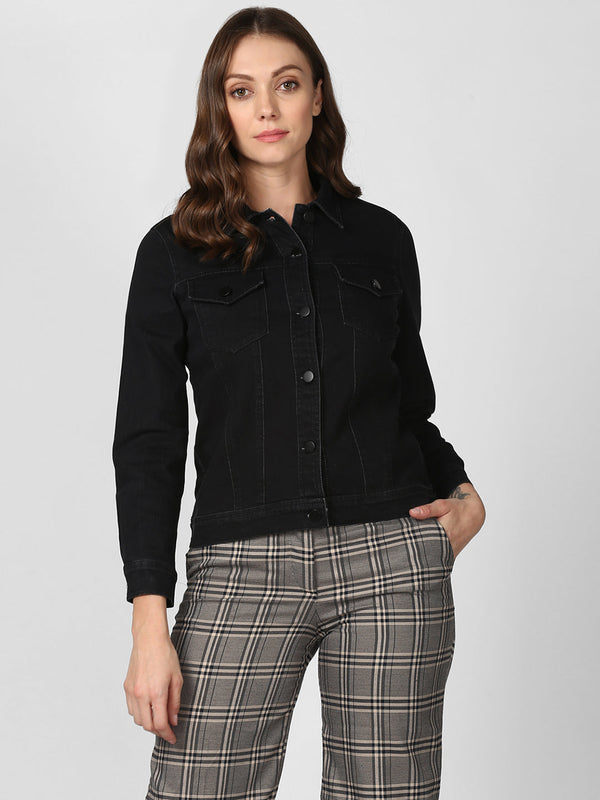 Women's Solid Black Denim Jacket