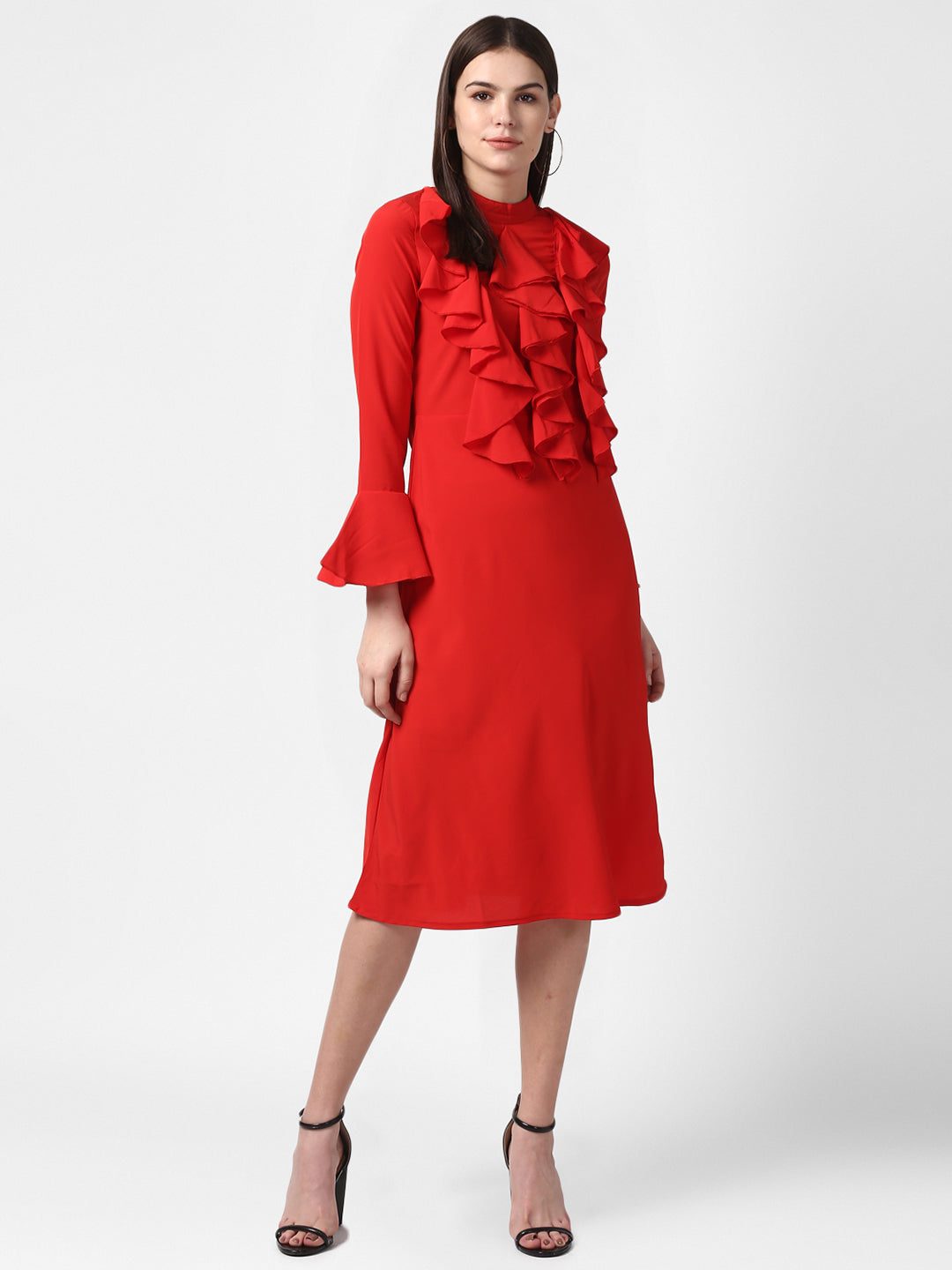 Women's Red Front Ruffle Bell Sleeve Dress