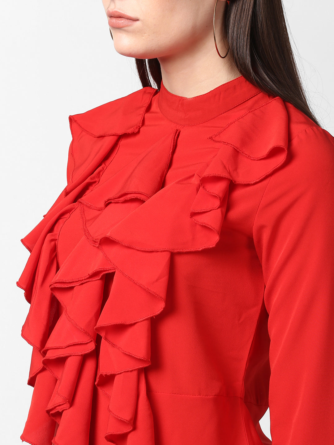 Women's Red Front Ruffle Bell Sleeve Dress