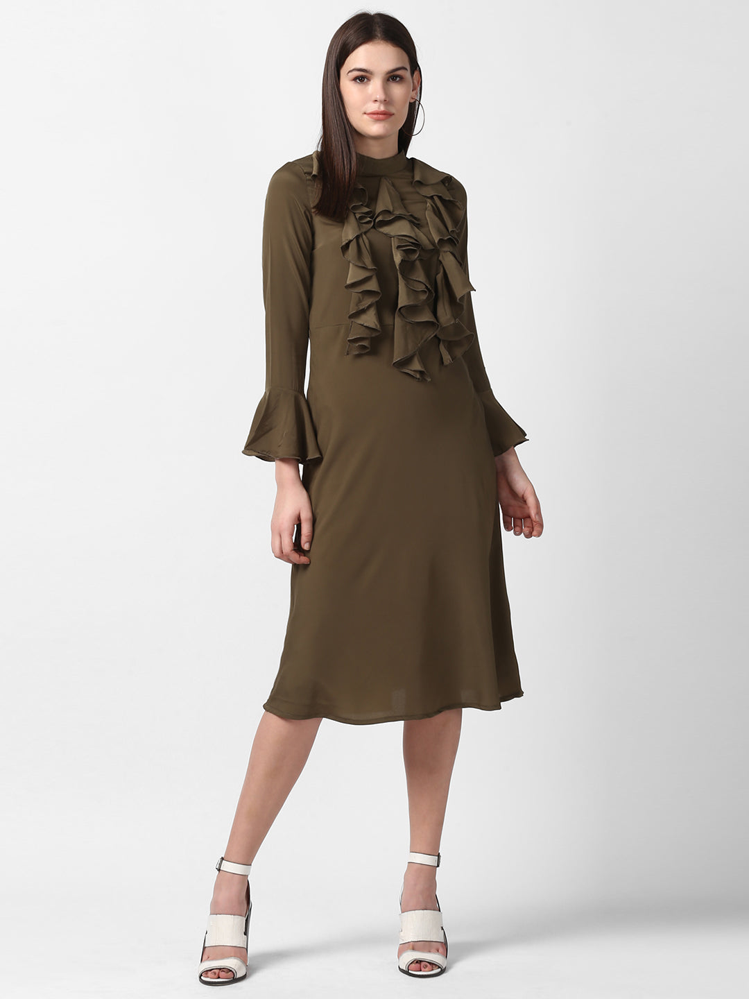 Women's Olive Front Ruffle Bell Sleeve Dress