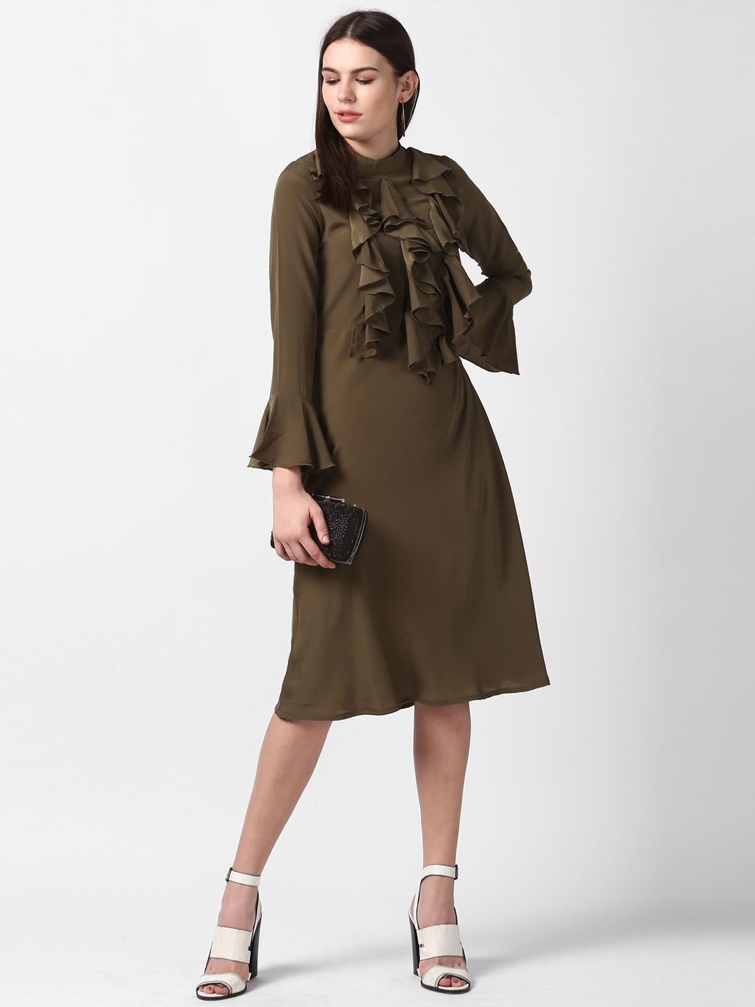 Women's Olive Front Ruffle Bell Sleeve Dress