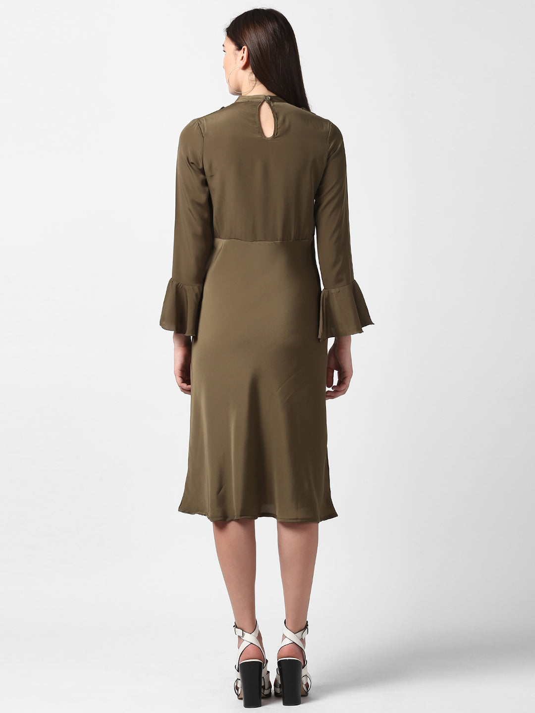 Women's Olive Front Ruffle Bell Sleeve Dress