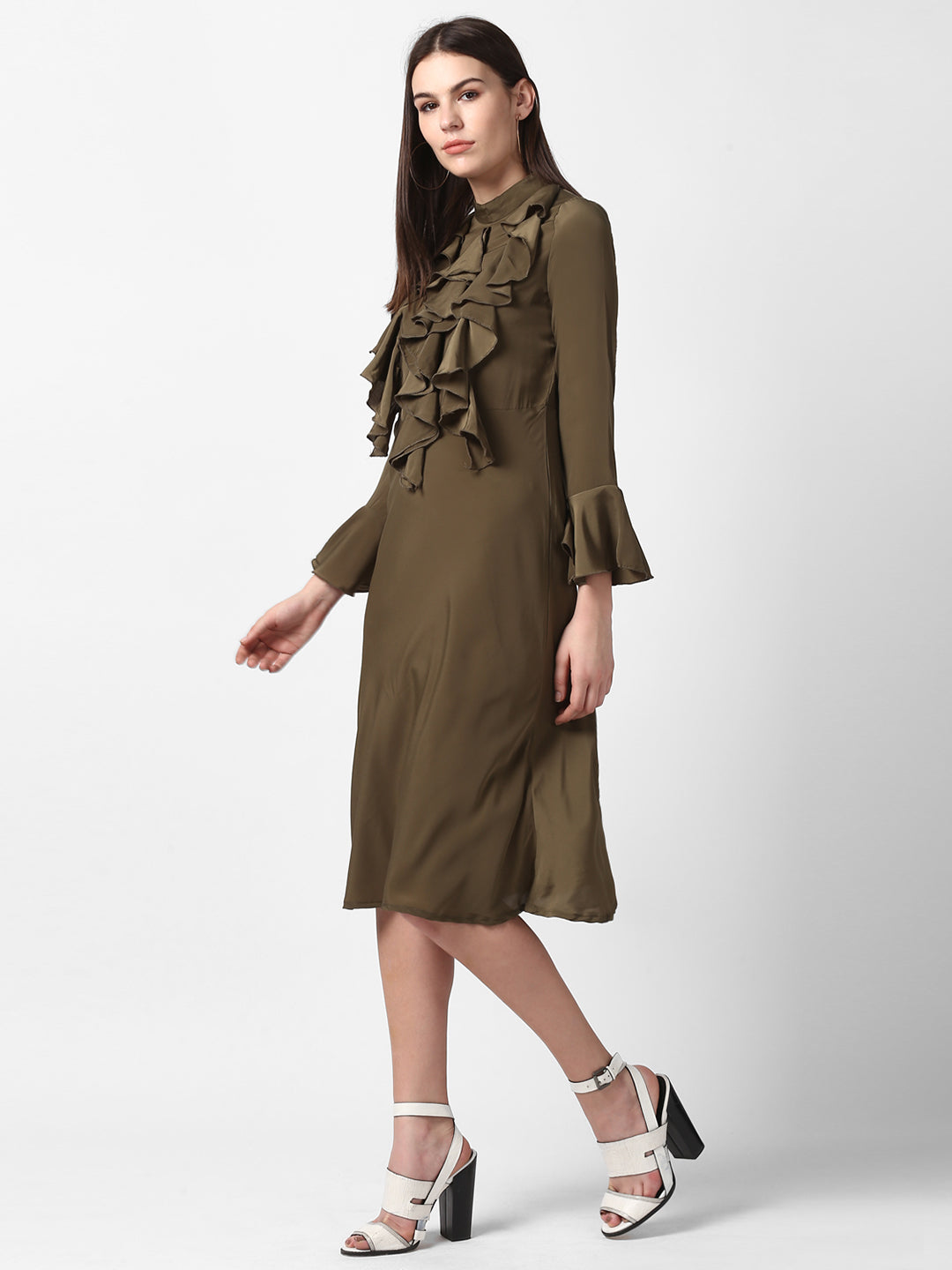 Women's Olive Front Ruffle Bell Sleeve Dress