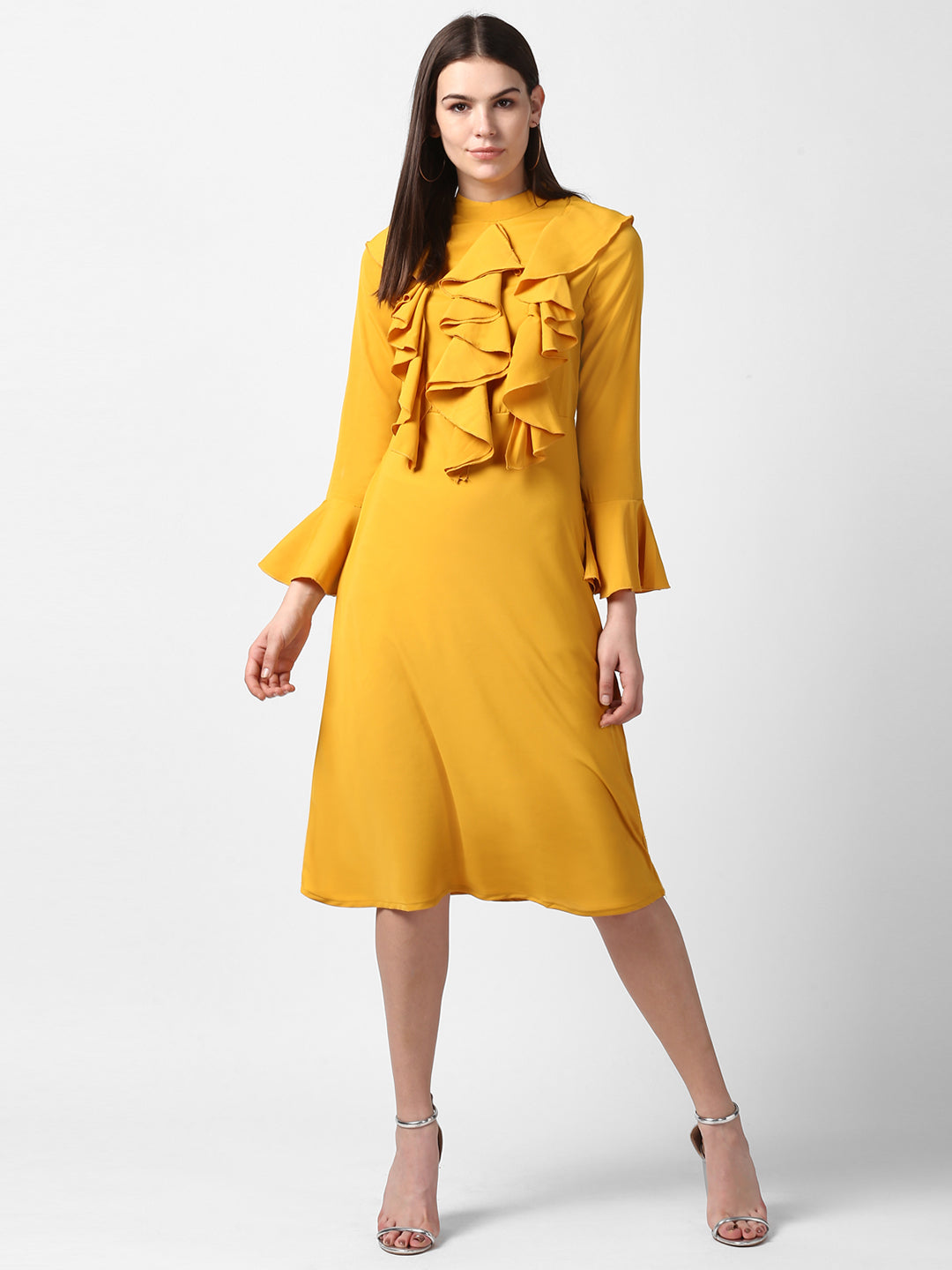 Women's Yellow Front Ruffle Bell Sleeve Dress