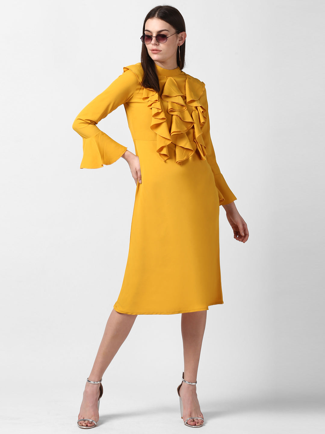 Women's Yellow Front Ruffle Bell Sleeve Dress