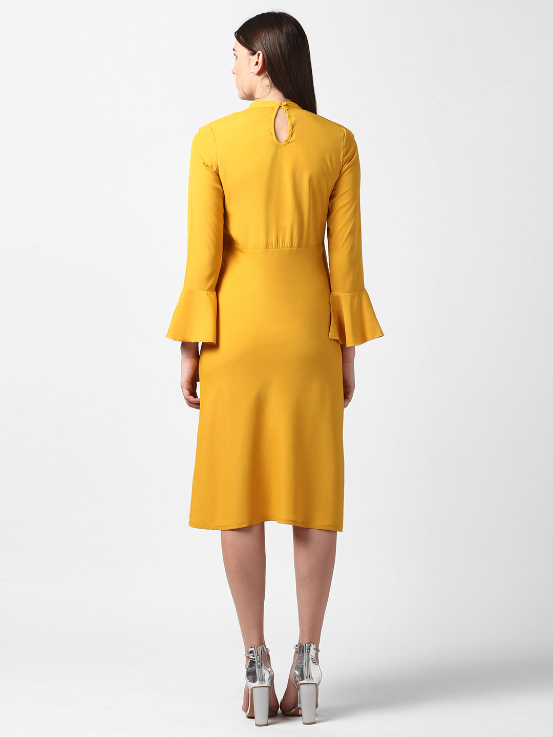 Women's Yellow Front Ruffle Bell Sleeve Dress