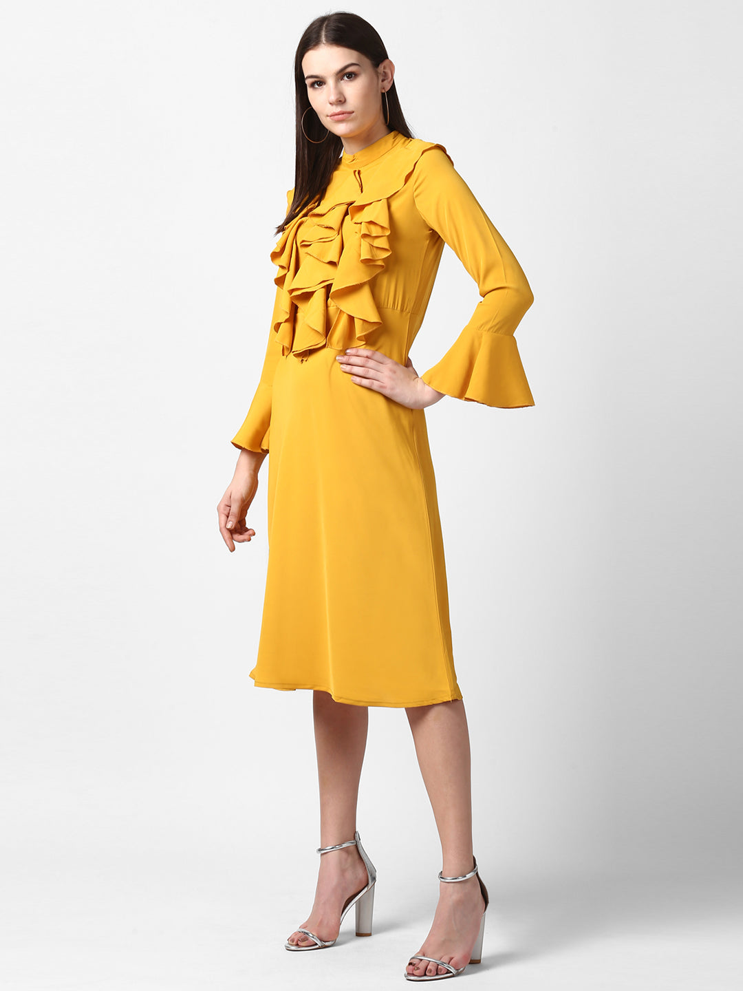 Women's Yellow Front Ruffle Bell Sleeve Dress