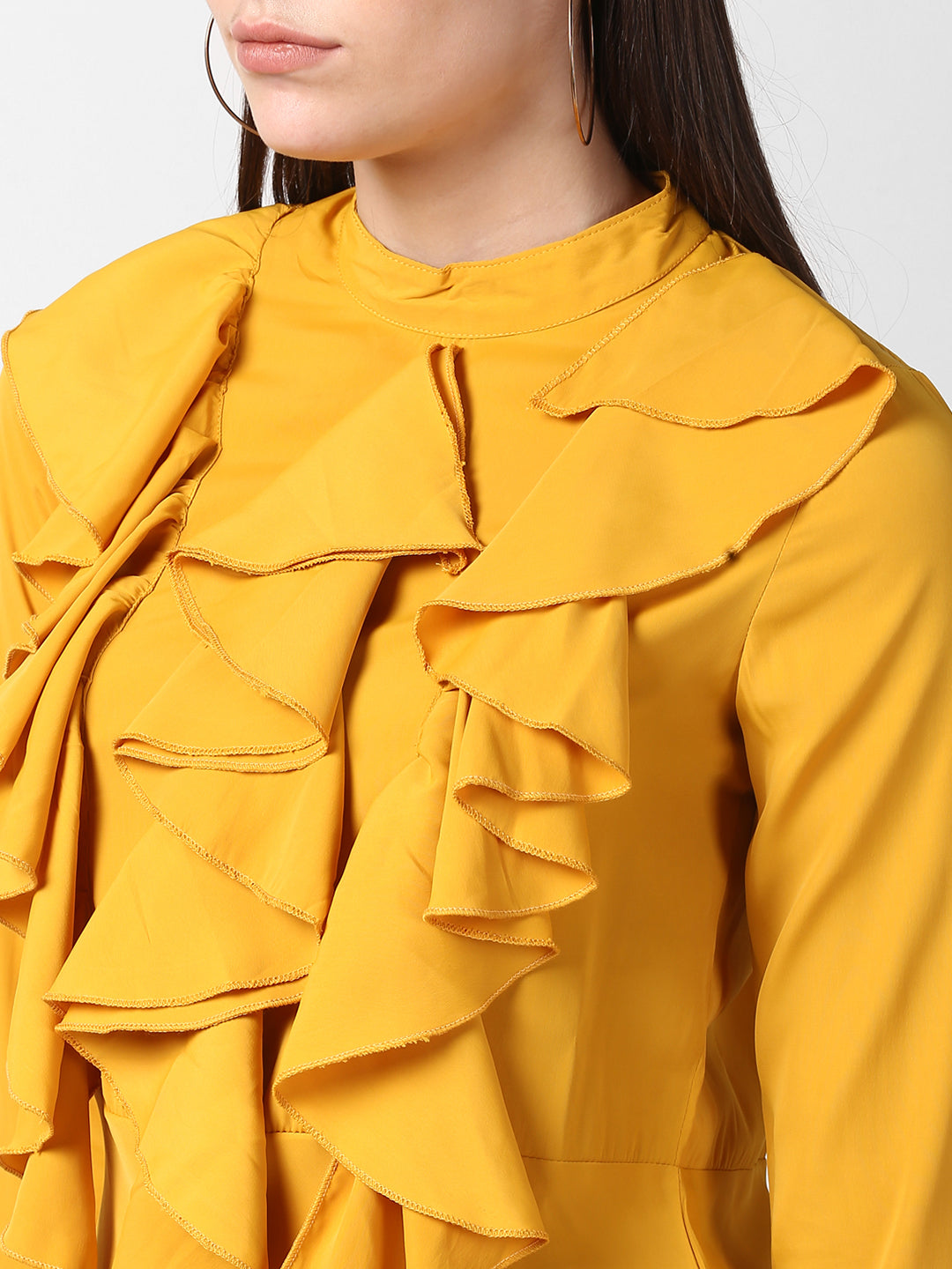 Women's Yellow Front Ruffle Bell Sleeve Dress