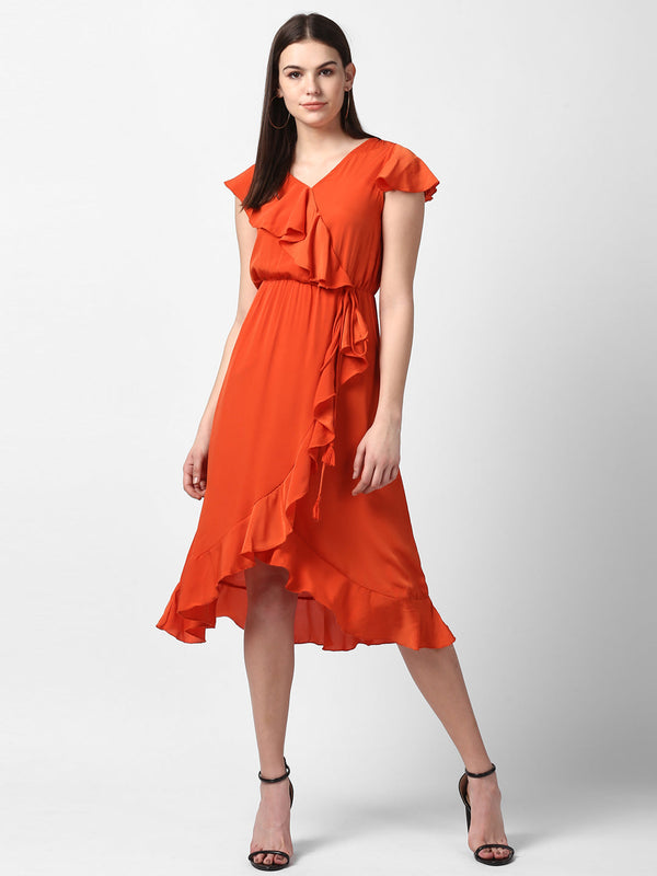 Women's Orange Front Ruffle Dress