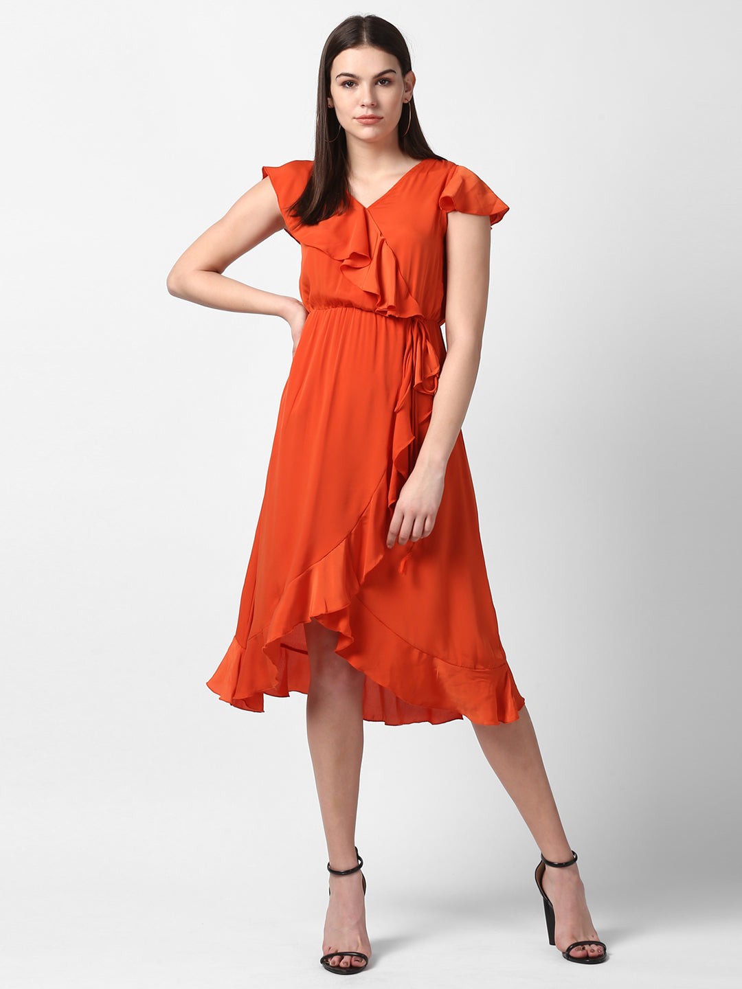Women's Orange Front Ruffle Dress