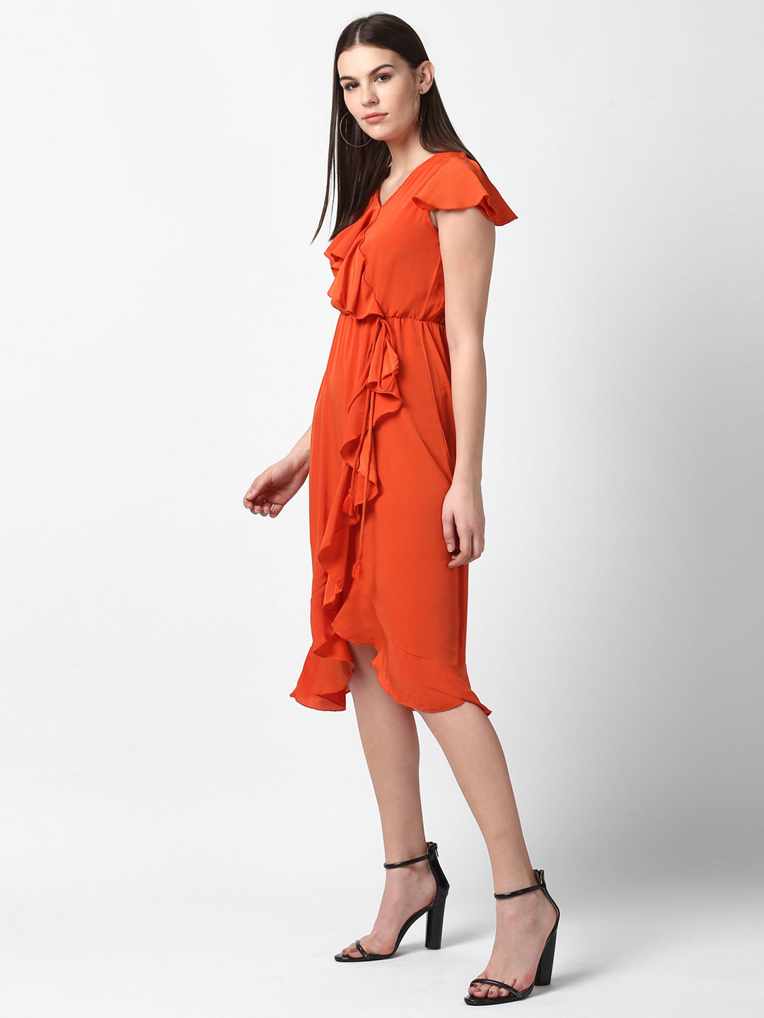 Women's Orange Front Ruffle Dress