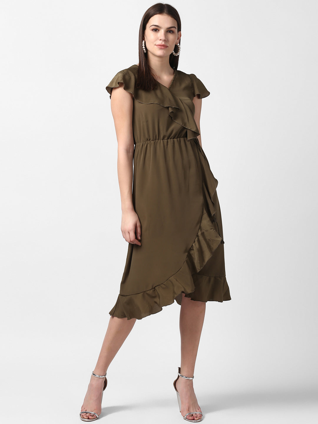 Women's Olive Front Ruffle Dress