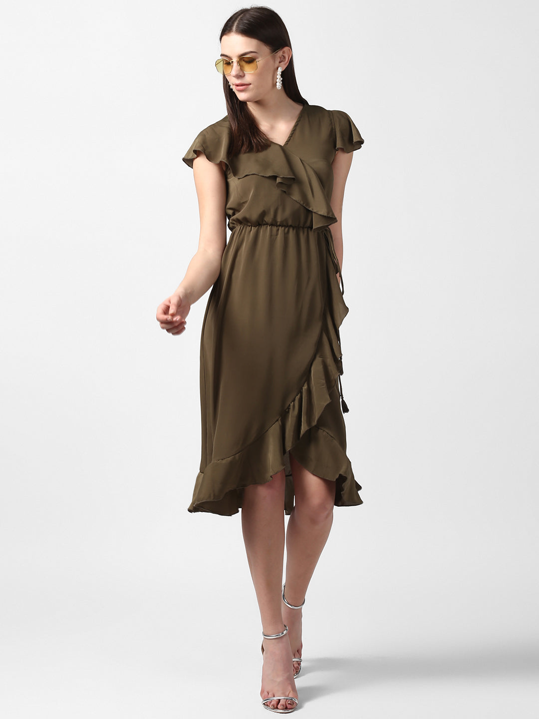 Women's Olive Front Ruffle Dress