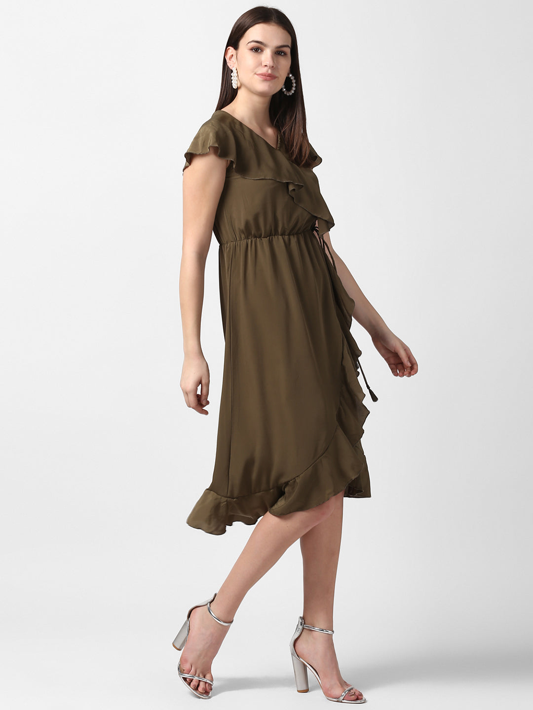 Women's Olive Front Ruffle Dress