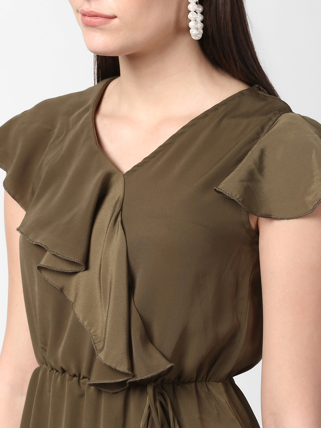 Women's Olive Front Ruffle Dress