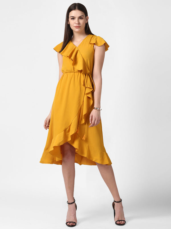 Women's Yellow Front Ruffle Dress