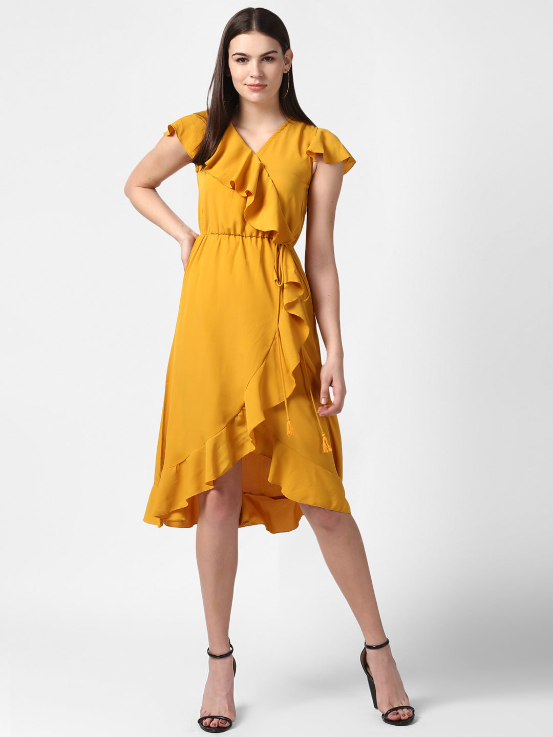Women's Yellow Front Ruffle Dress
