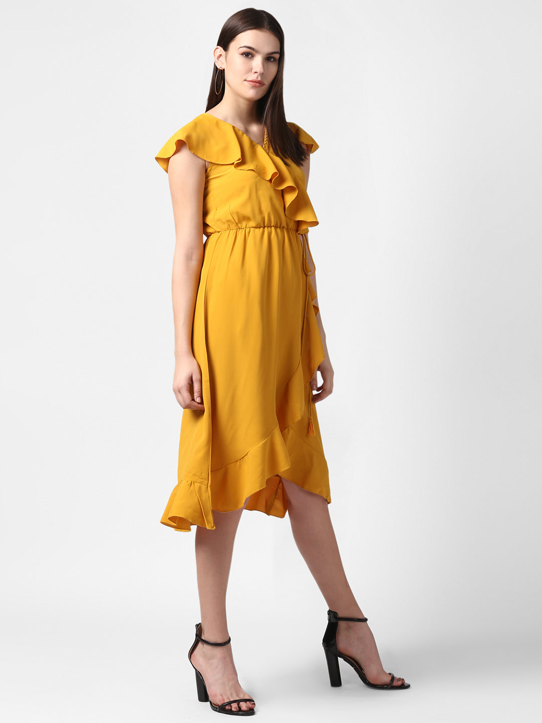 Women's Yellow Front Ruffle Dress