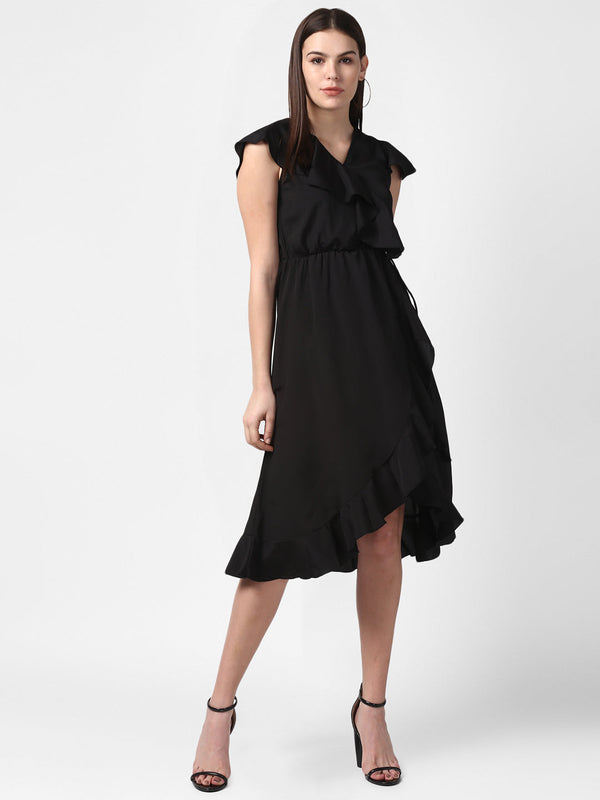 Women's Black Front Ruffle Dress