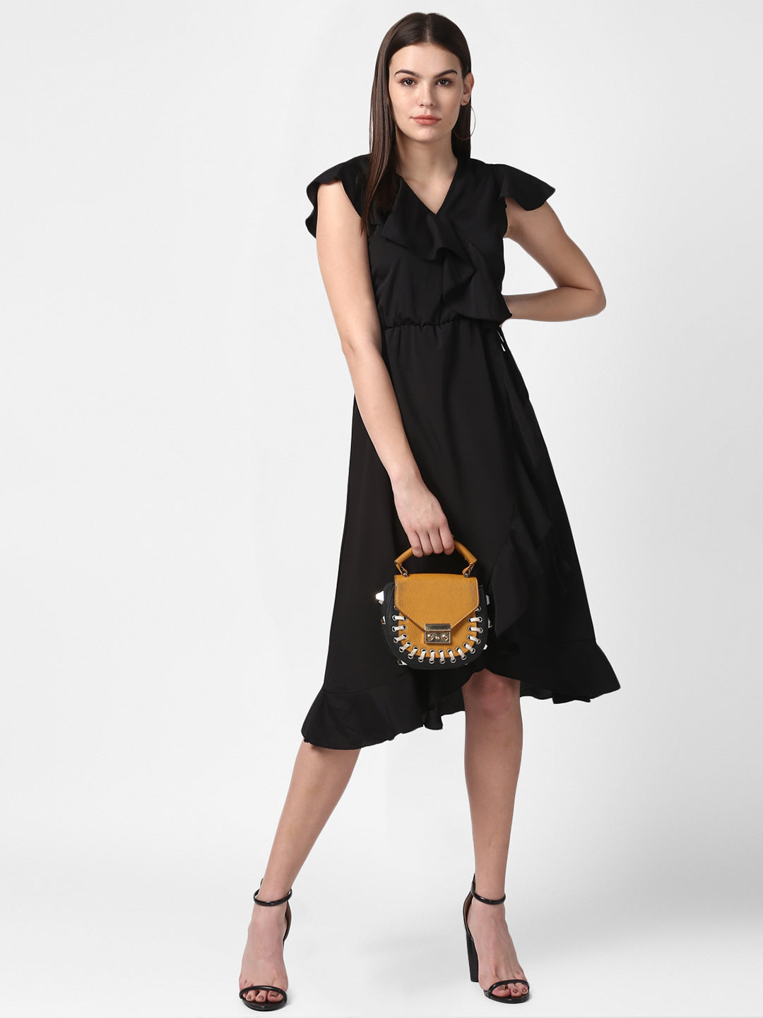 Women's Black Front Ruffle Dress