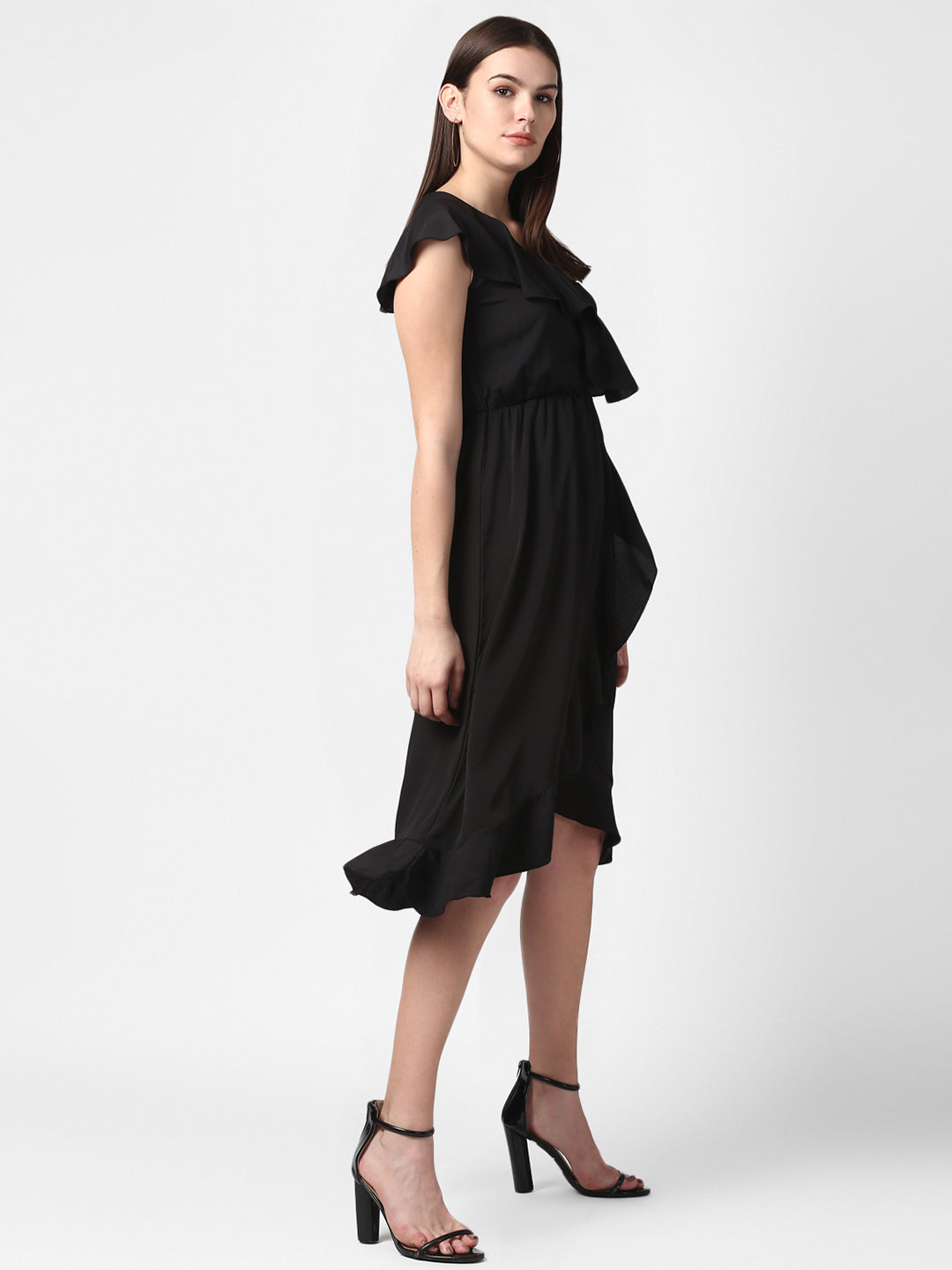 Women's Black Front Ruffle Dress