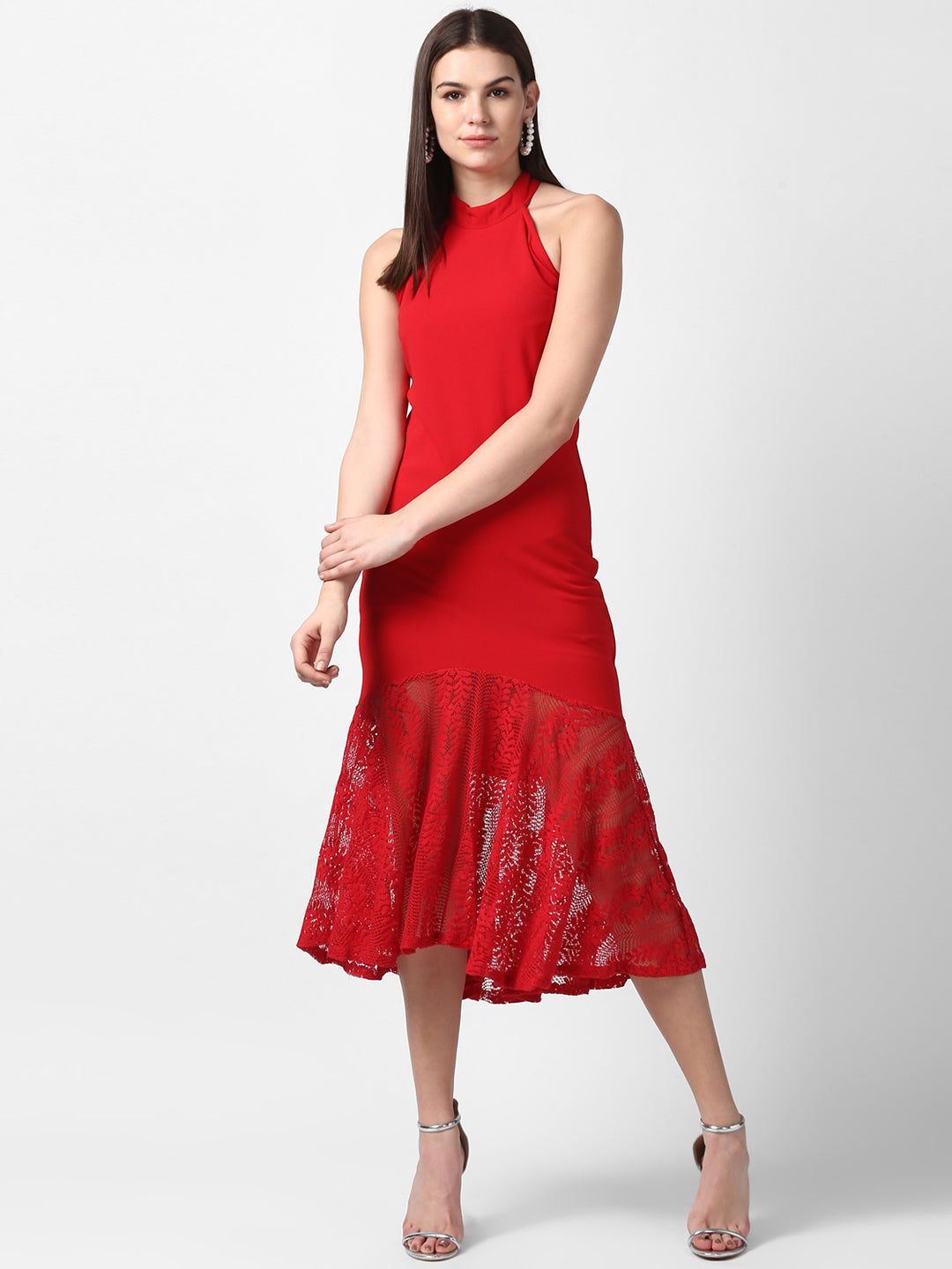 Women's Red Asymmetrical Lace Dress