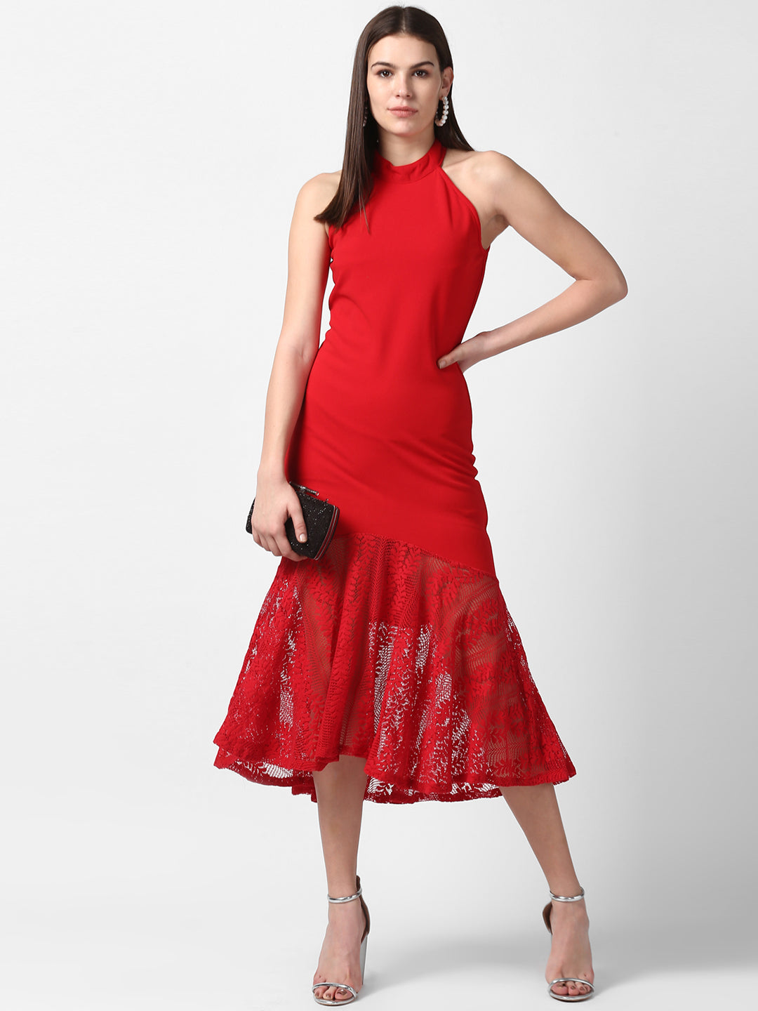 Women's Red Asymmetrical Lace Dress