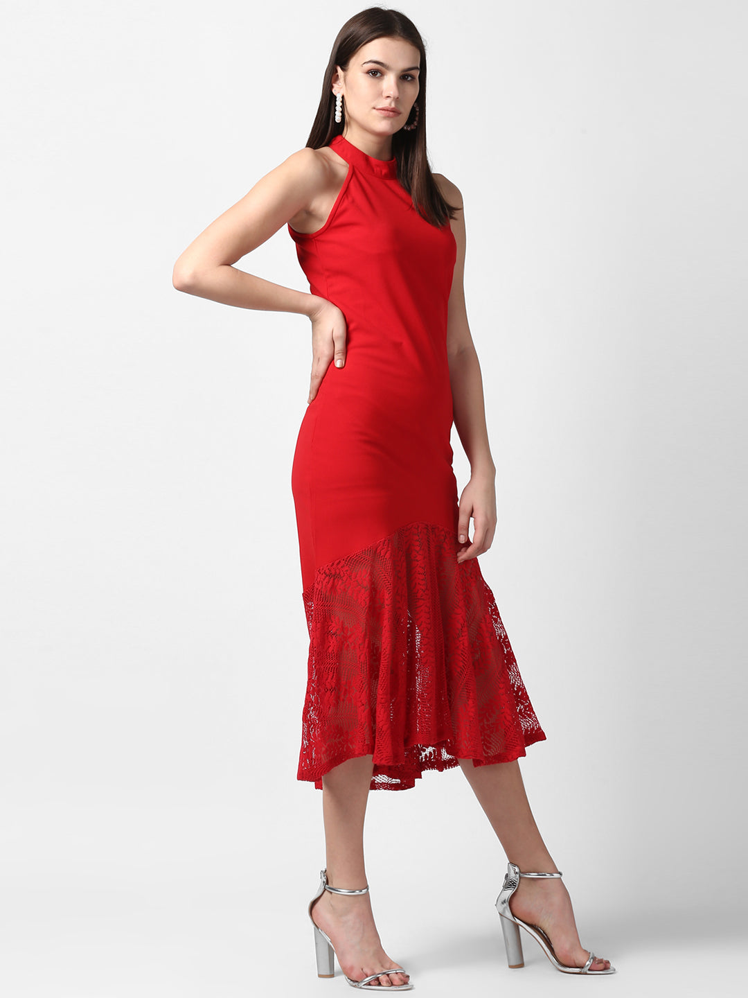 Women's Red Asymmetrical Lace Dress